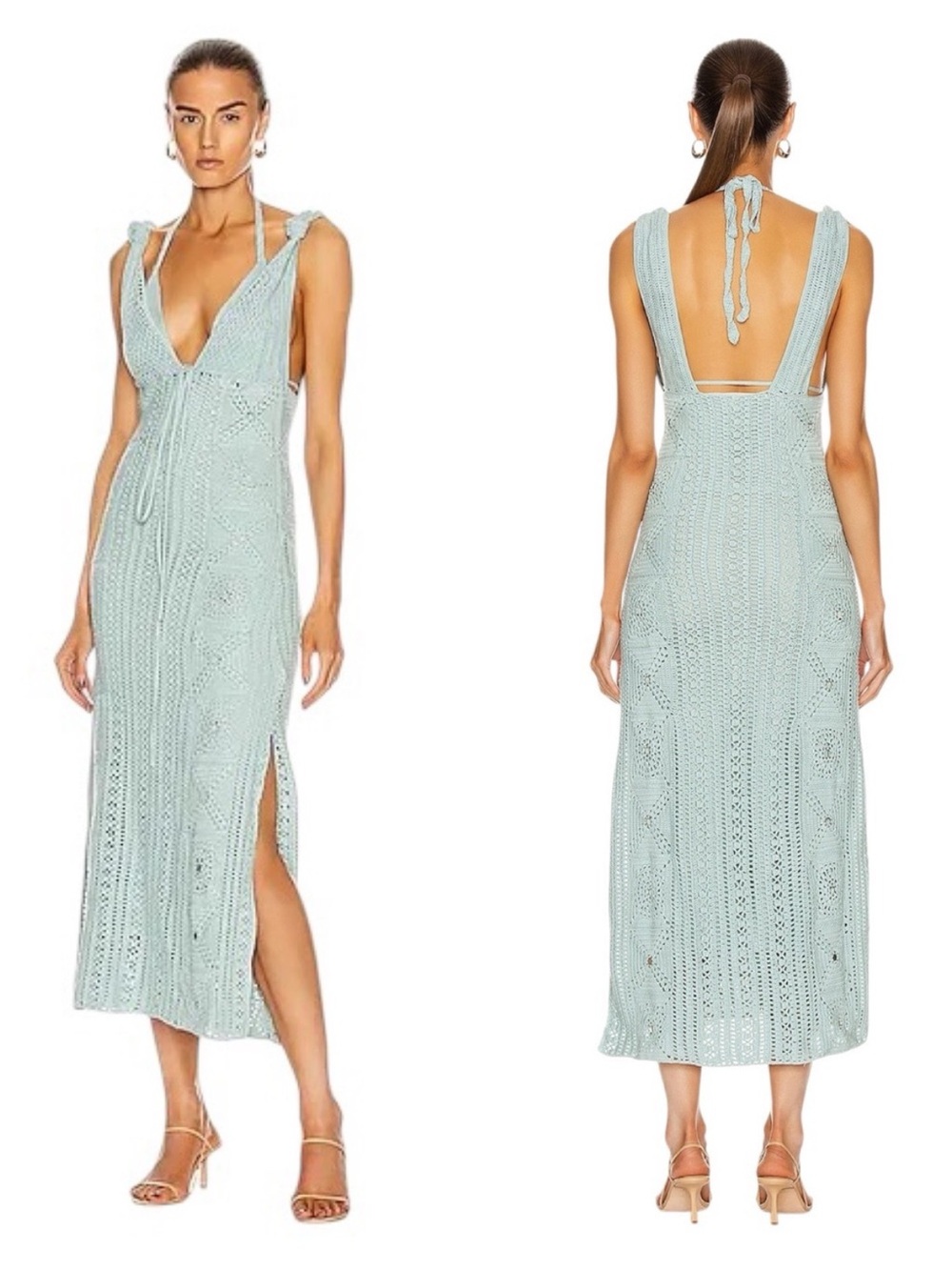 JONATHAN SIMKHAI Remi Seafoam Blue Green Hand Crochet Runway Halter Maxi
Dress